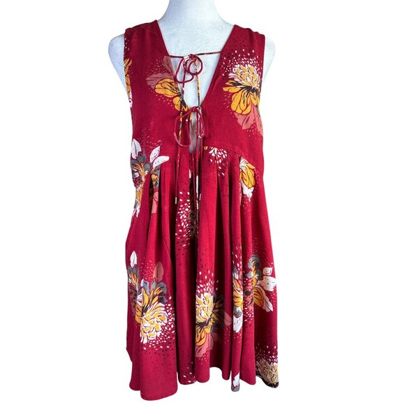 Free People Tunic Mini Dress Size XS Lovely Day Boho Red Floral Boho Indie Flowi - Picture 1 of 10